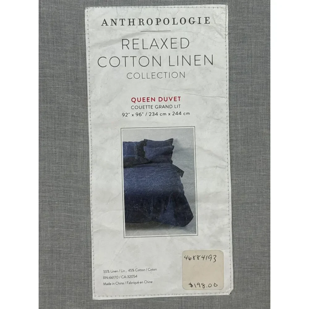 Anthropologie Relaxed Cotton Linen Queen Duvet - Dark Blue